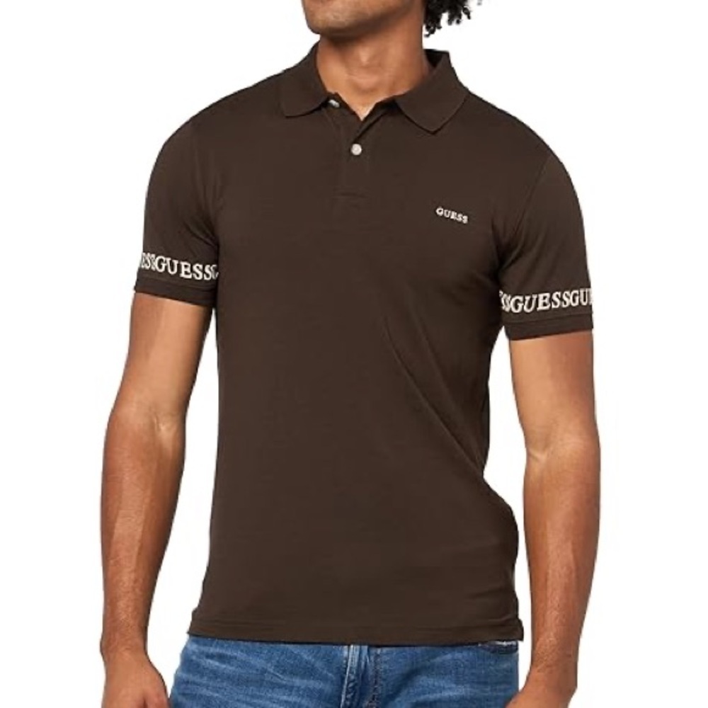 GUESS Mens Eco Nolan Short Sleeve Polo- Espresso Brown- Size Large